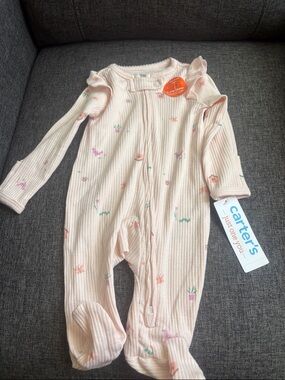 Carter's Light Pink Ribbed Floral Footed One-Piece